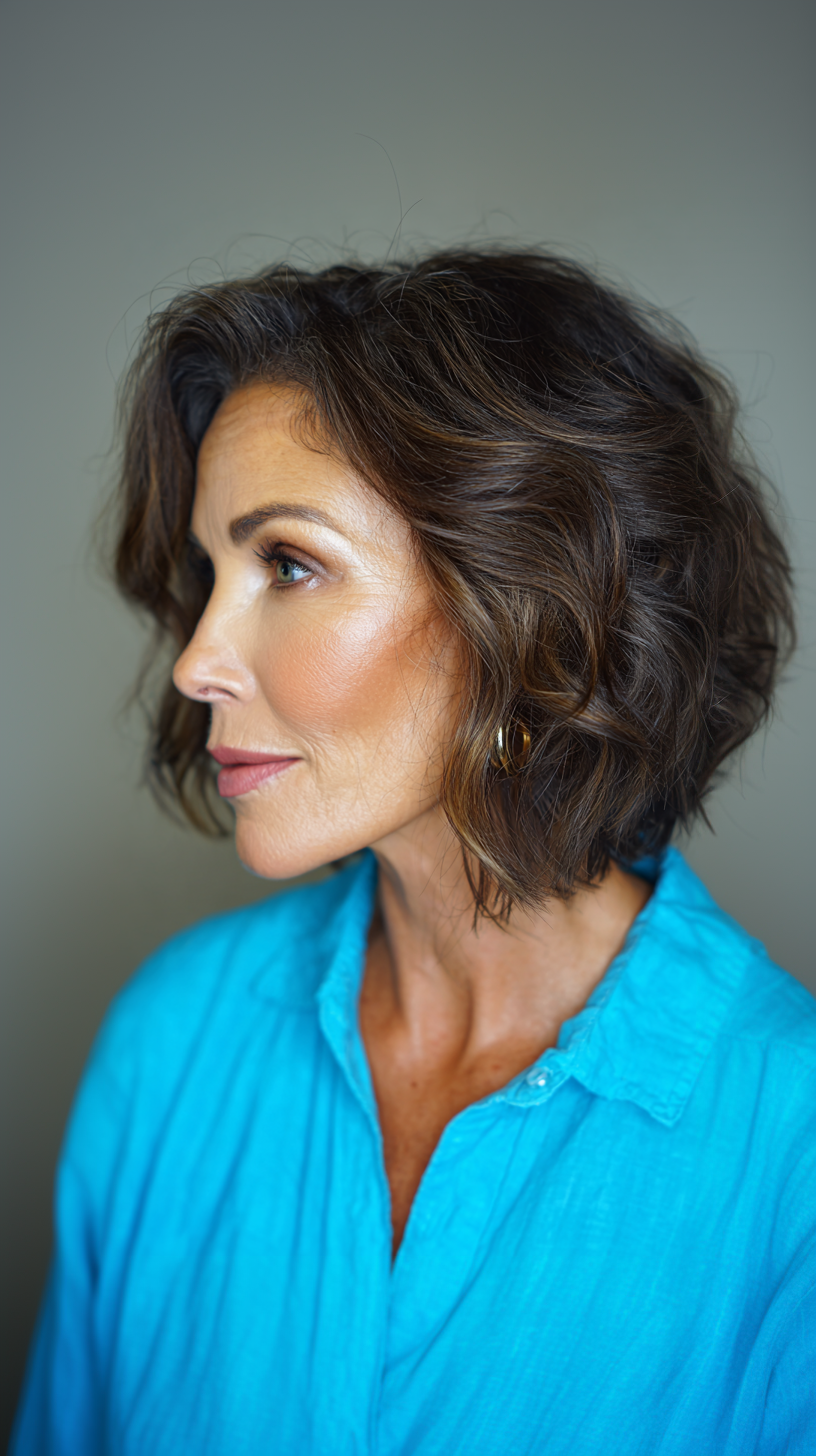 Softly Curled Textured A-Line Bob with Warm Highlights