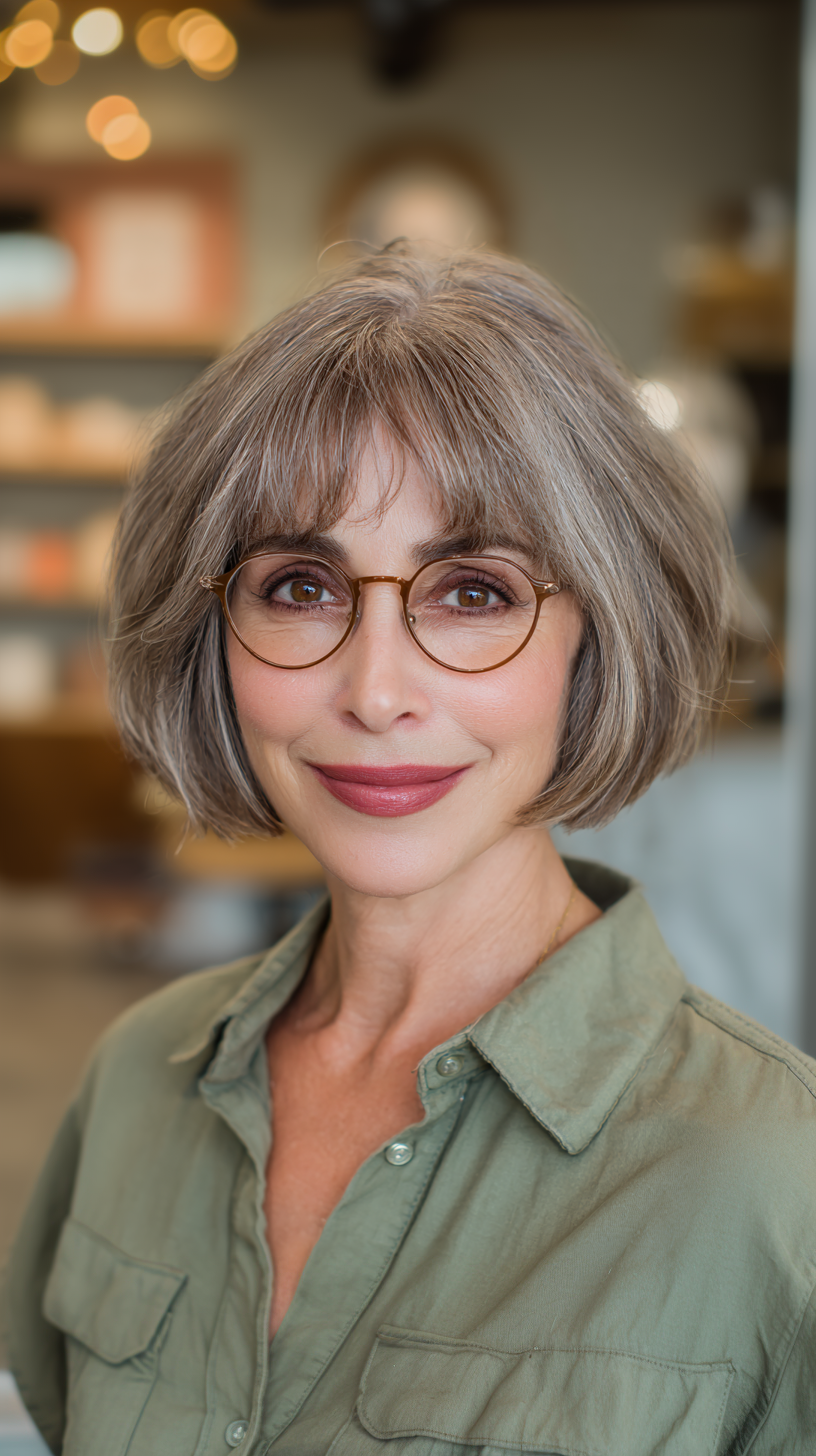 Softly Layered Grey Crop Bob with Wispy Bangs