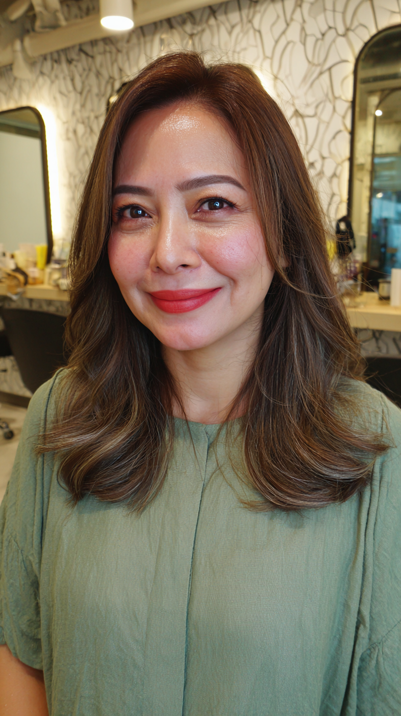 Stylish Medium-Length Layers with Warm Caramel Highlights