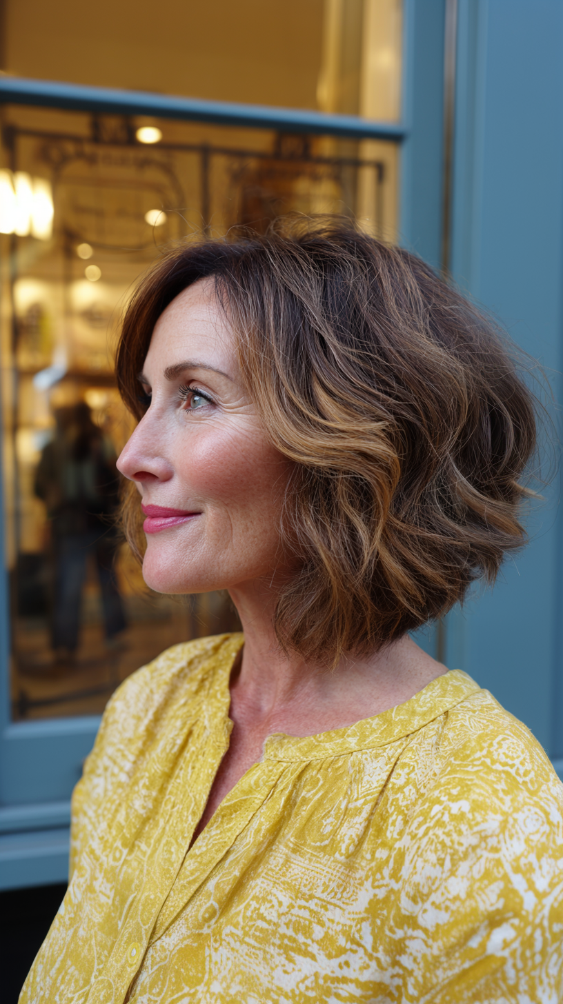 Textured Brunette A-Line Bob with Soft Curls