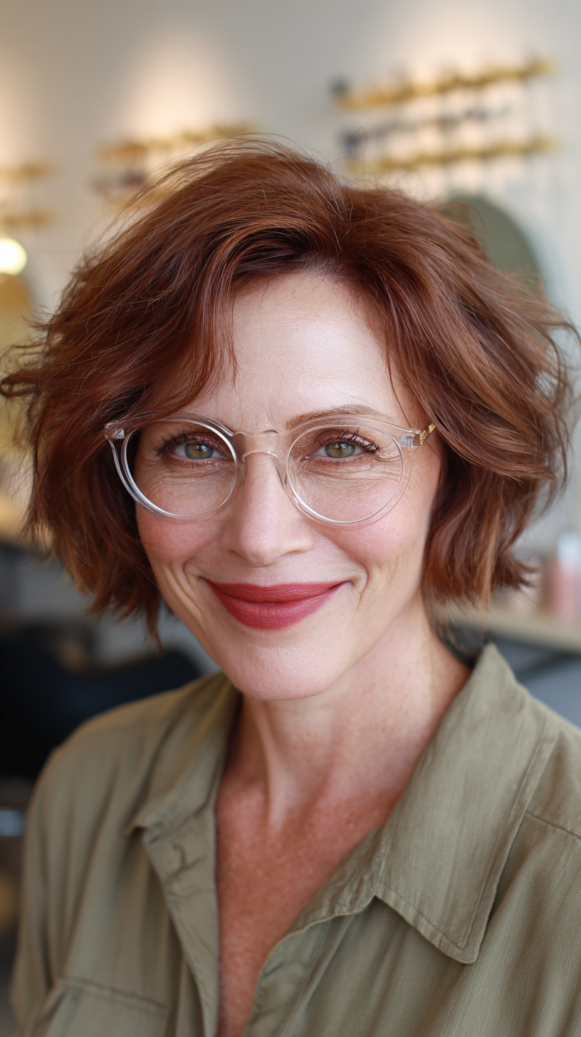 Textured Reddish Copper Crop Bob with Soft Waves