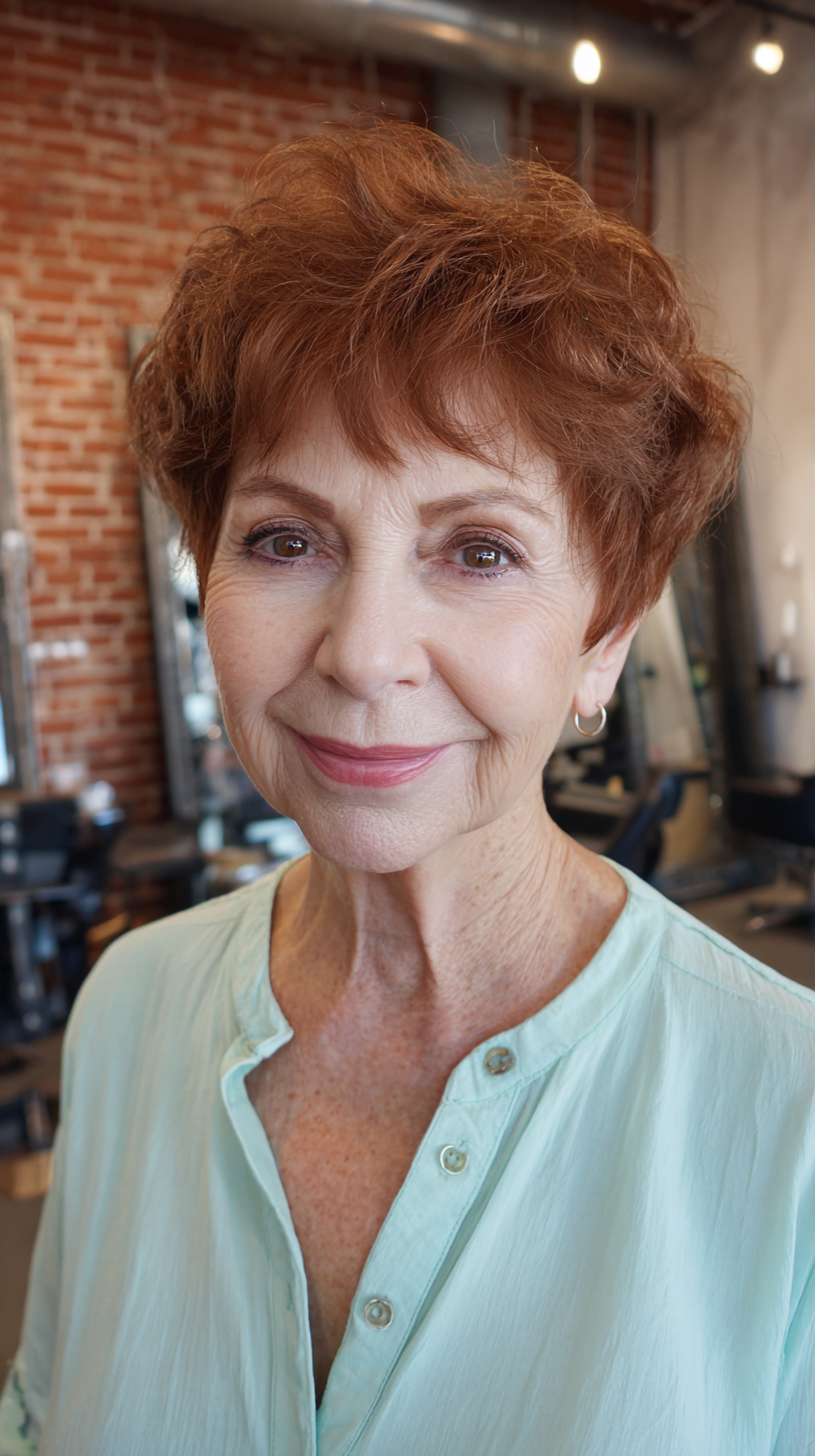 Textured Short Curly Cut with Warm Copper Highlights