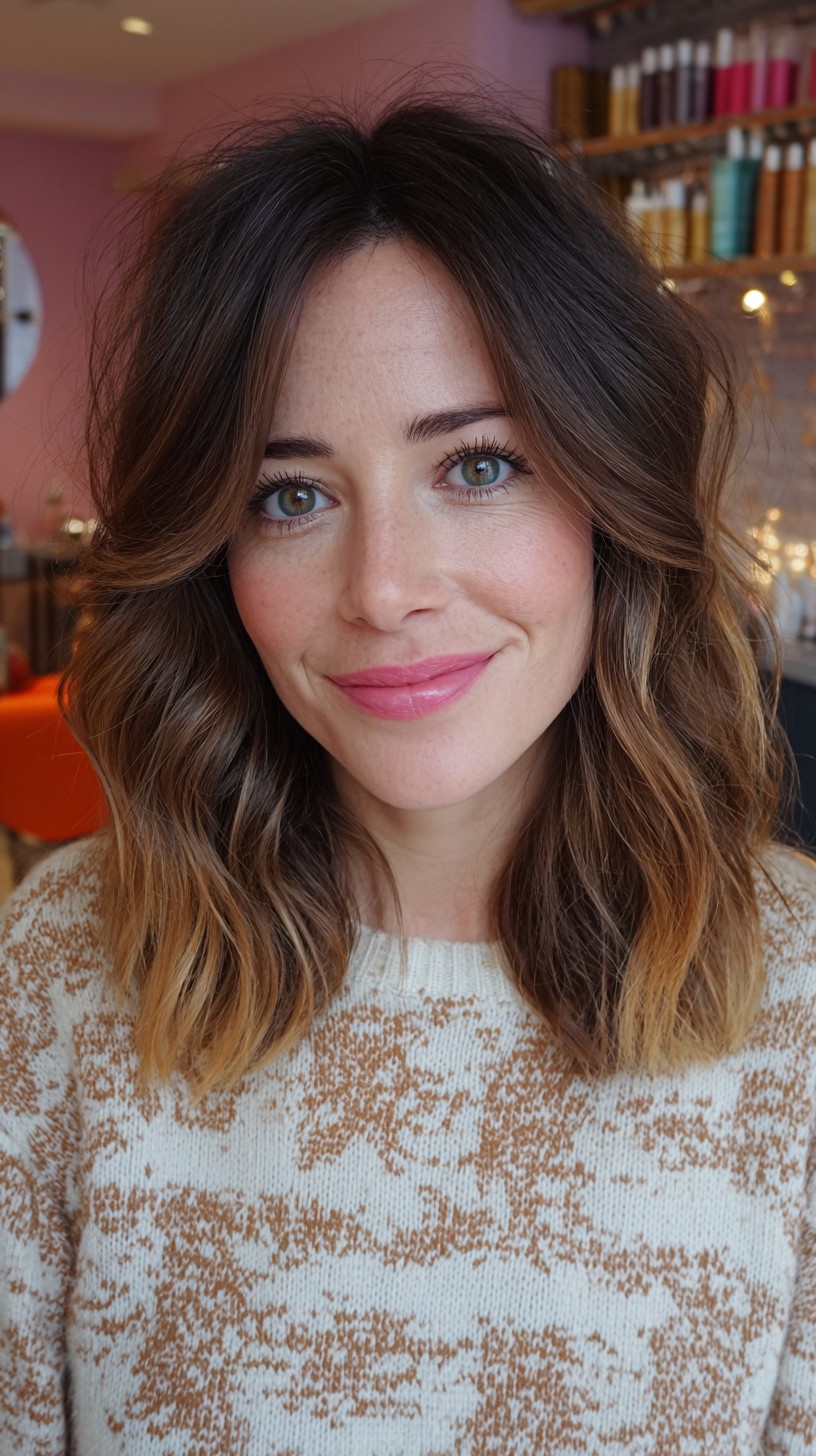 Textured Wavy Lob with Warm Balayage