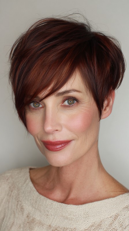 Chic Layered Short Cut with Rich Auburn Highlights