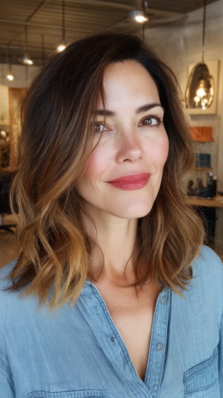 Chic Layered Wavy Haircut with Warm Balayage