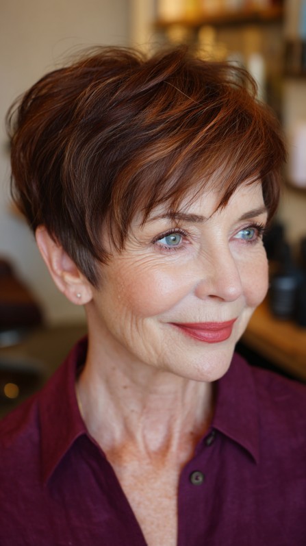 Chic Short Textured Crop with Warm Auburn Highlights