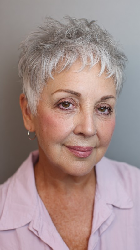 Choppy Textured Silver Pixie with Soft Bangs