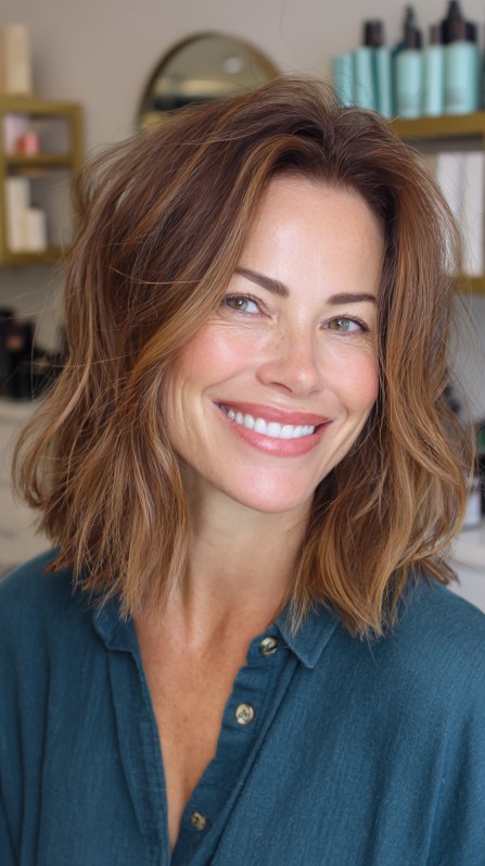 Effortlessly Textured Shoulder-Length Cut with Warm Highlights