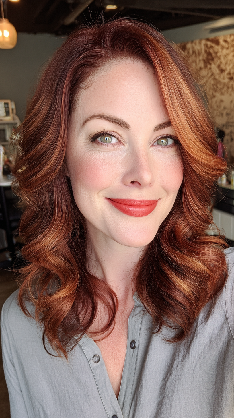 Luxurious Auburn Curls with Subtle Highlights