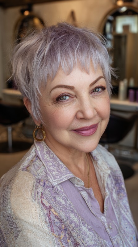 Soft Lavender Textured Pixie with Feathered Layers