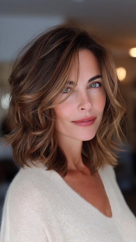 Softly Layered Textured Lob with Subtle Highlights