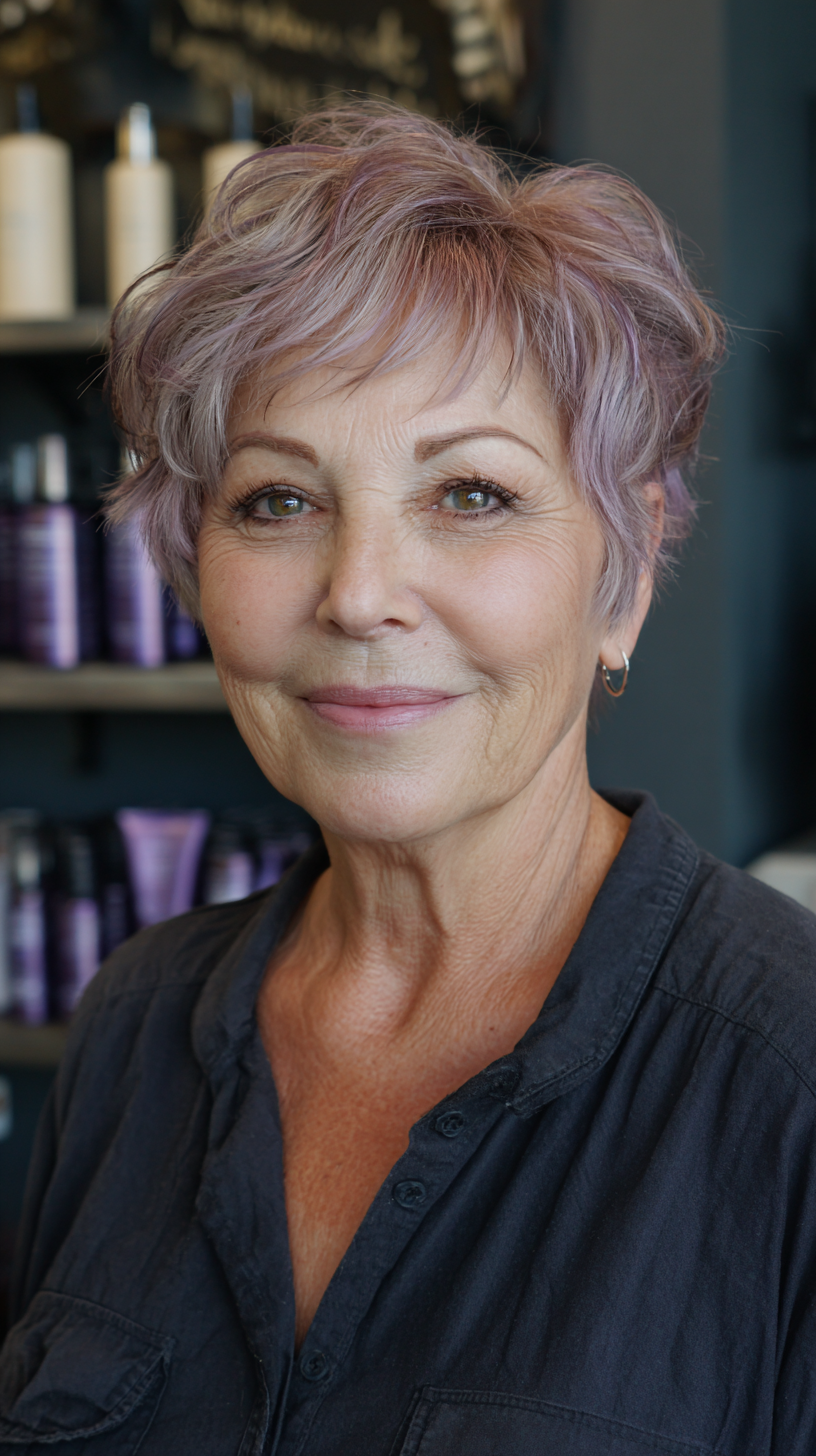 Stylish Soft Curly Pixie Cut with Subtle Lavender Tones