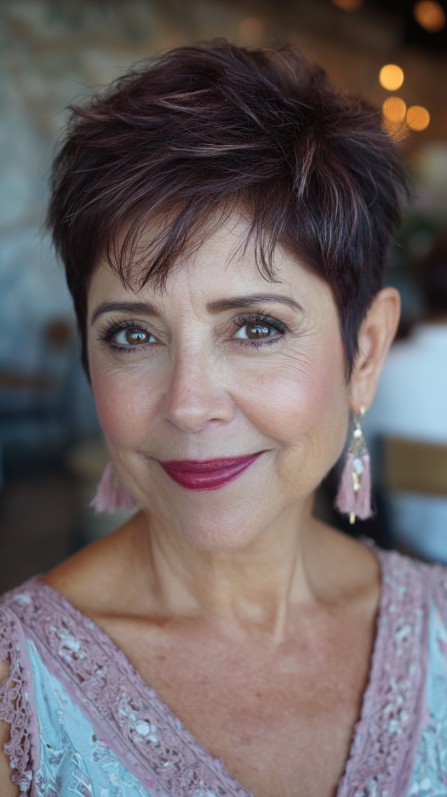 Stylish Textured Pixie Cut with Rich Burgundy Highlights
