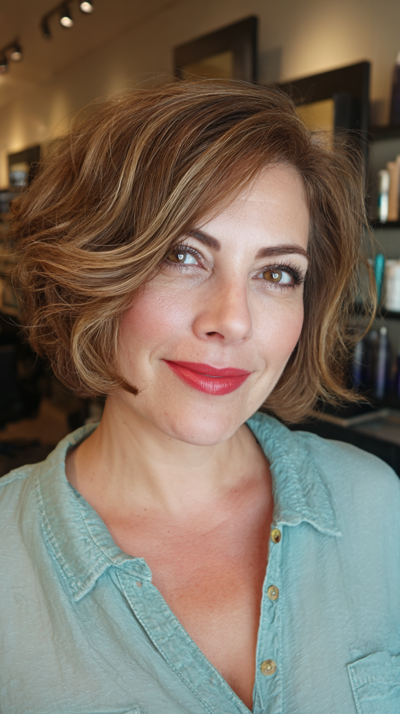 Textured A-Line Bob with Warm Caramel Highlights