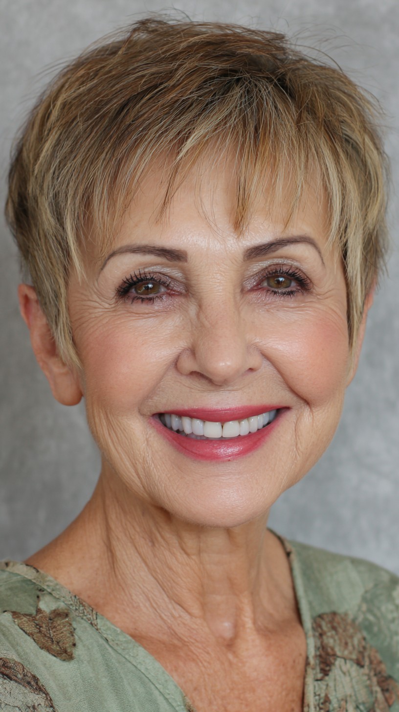 Textured Light Brown Pixie Cut with Soft Bangs