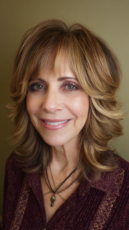 Textured Medium-Length Layers with Light Face-Framing Highlights