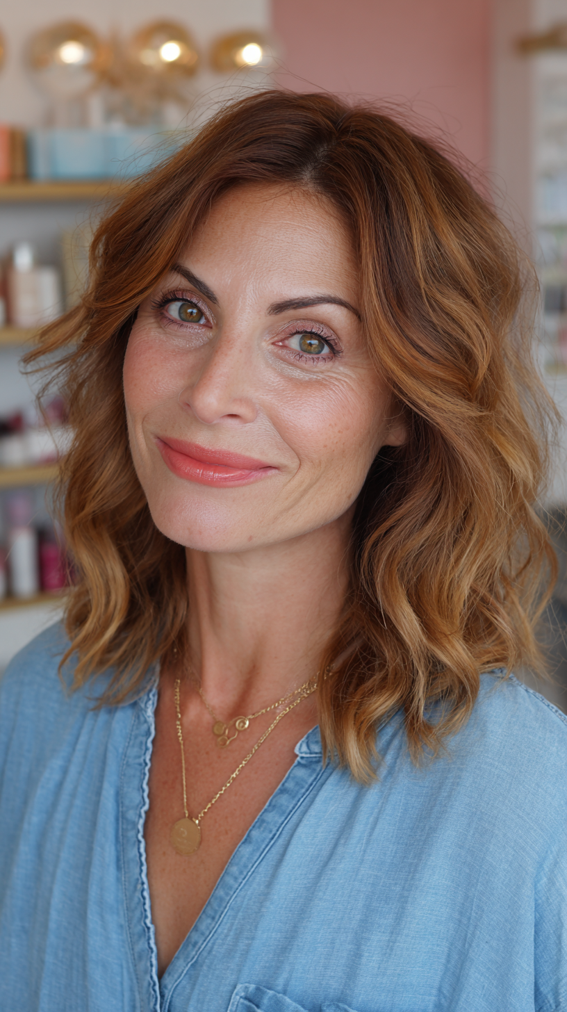 Textured Medium-Length Waves with Warm Copper Highlights