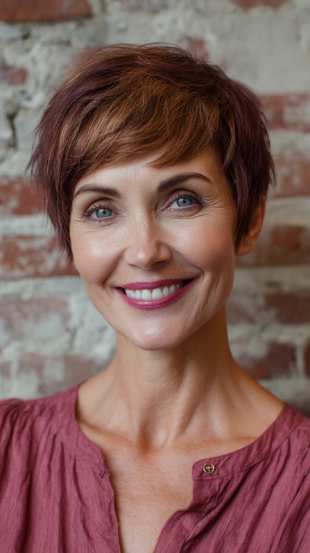 Textured Short Pixie with Warm Caramel Highlights