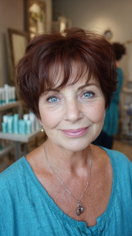Textured Short Red Pixie Cut with Soft Bangs