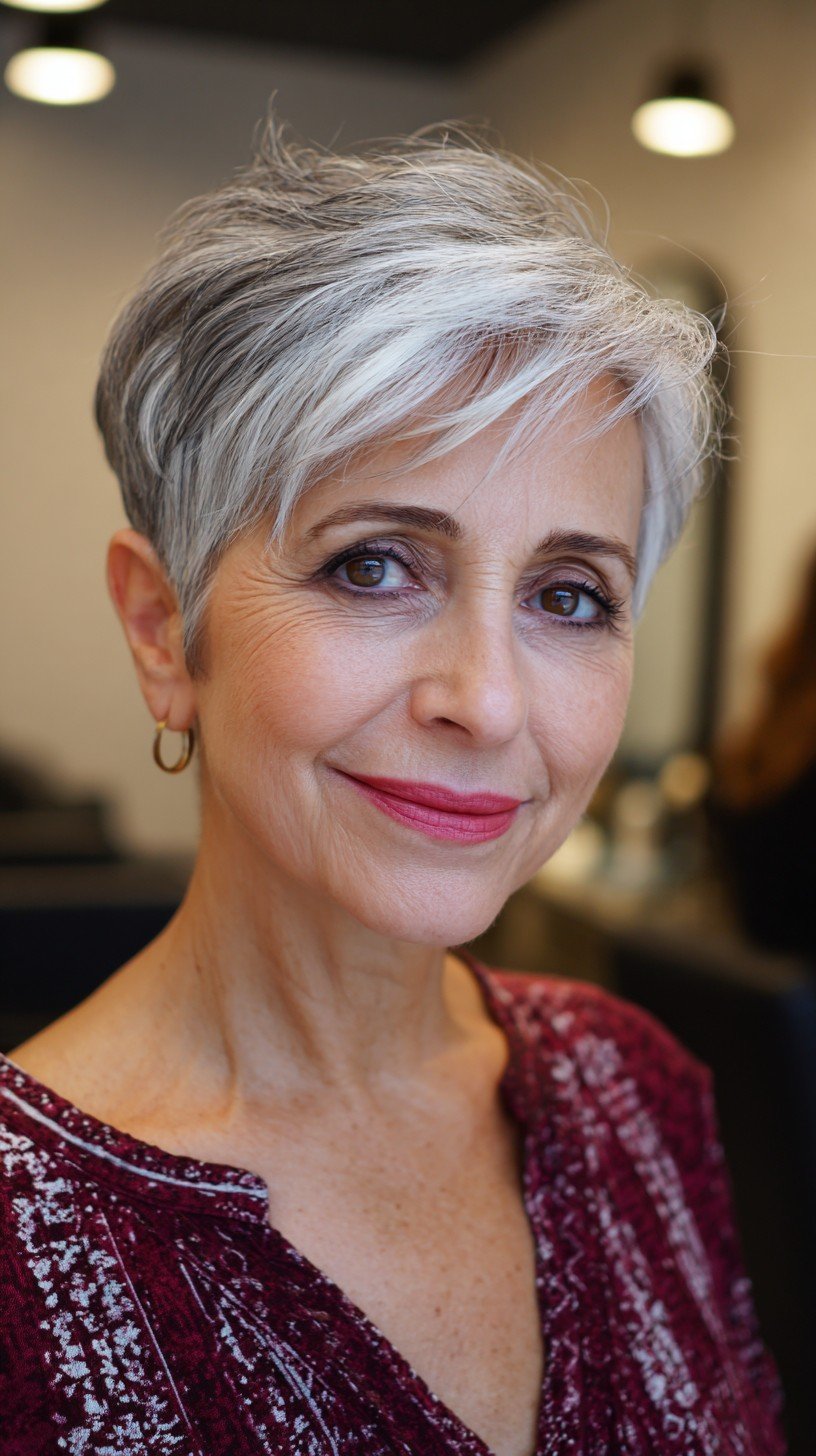 Taglio Pixie argento testurizzato con frangia laterale lunga