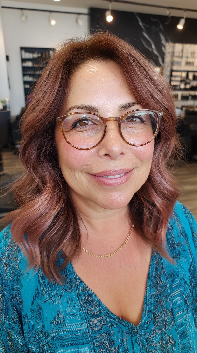 Beautifully Textured Rose Gold Lob with Soft Waves