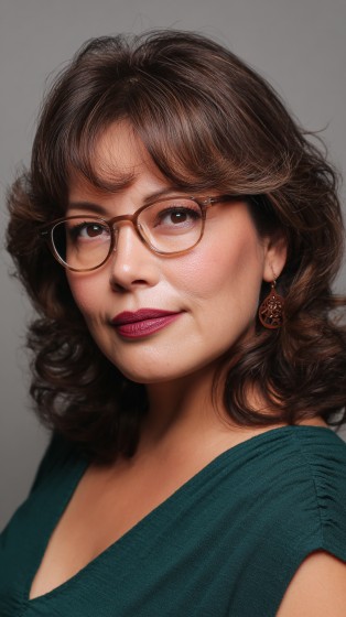 Chic Layered Curls with Face-Framing Bangs