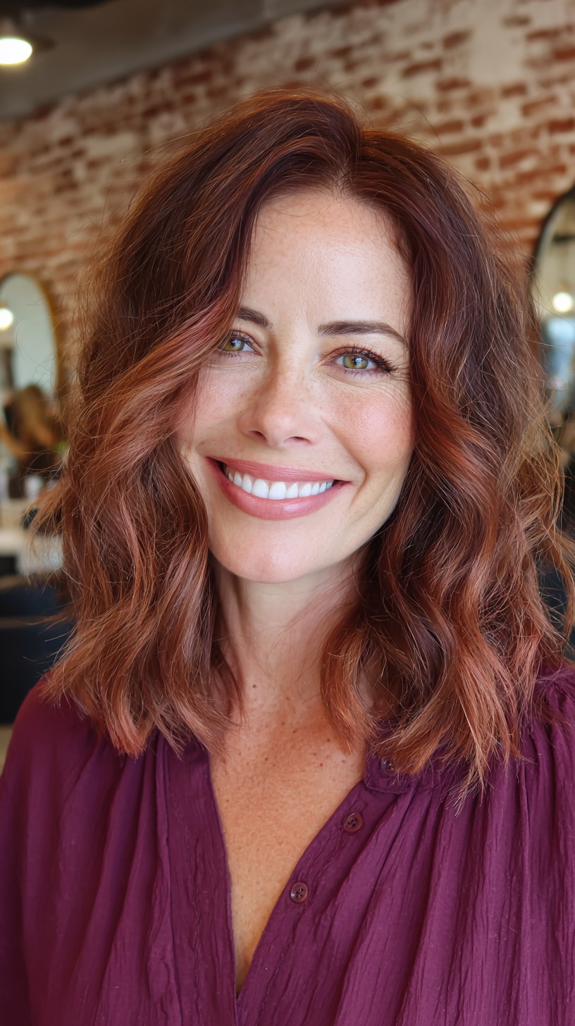 Chic Rose Gold Beach Waves with Mid-Length Cut