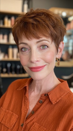 Chic Textured Copper Pixie with Subtle Volume