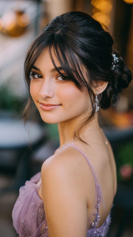 Chic Textured High Bun with Face-Framing Bangs