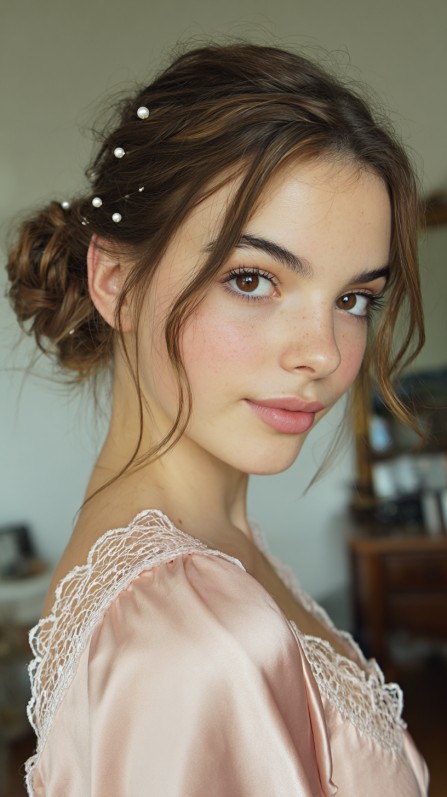 Chic Textured Low Bun with Pearl Accents