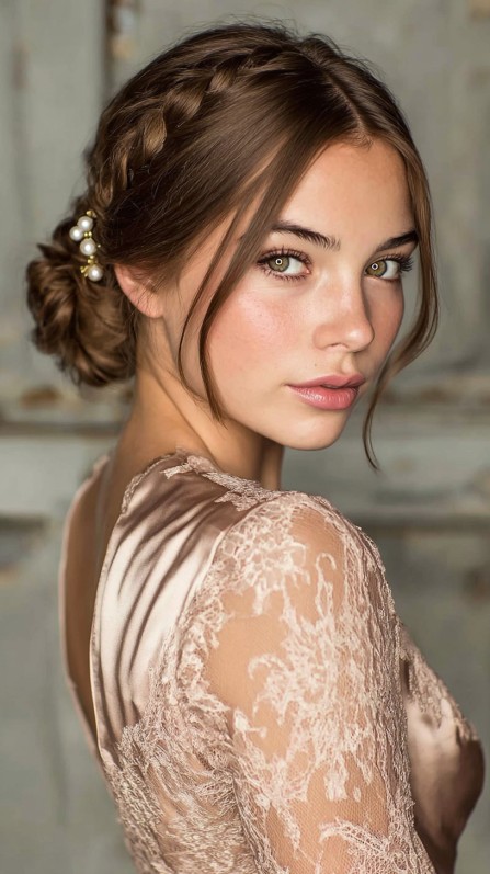 Delicate Braided Bun with Pearl Accents