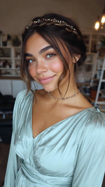 Delicate Half-Up Twisted Hairstyle with Crown Accents