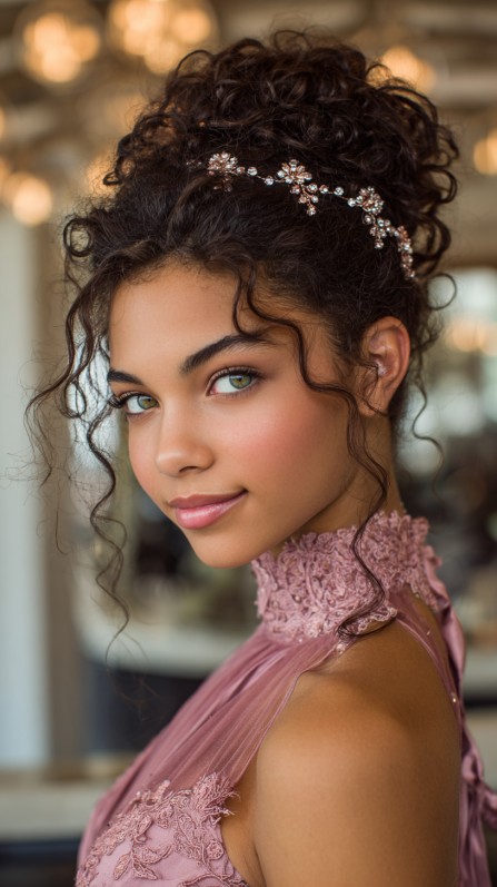 Elegant Curly High Bun with Decorative Hairpiece