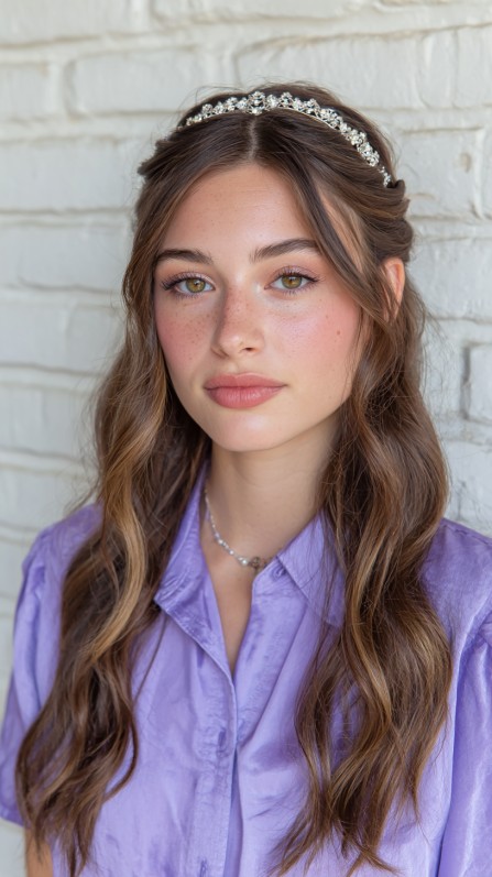 Elegant Half-Up Loose Waves with Crown Detail