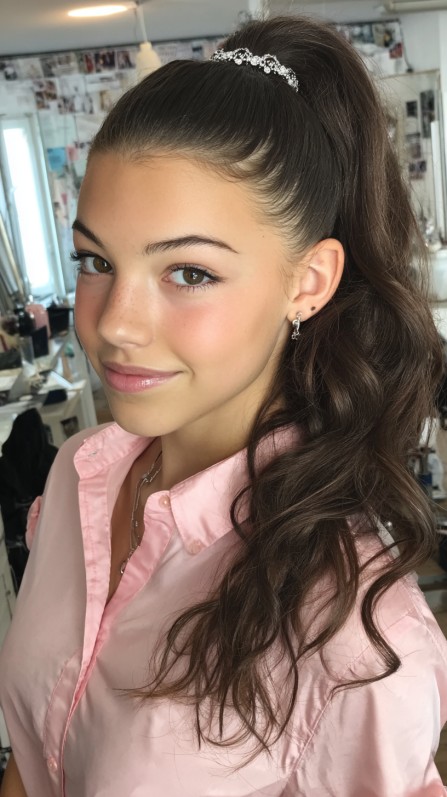 Elegant High Ponytail with Soft Waves and Tiara