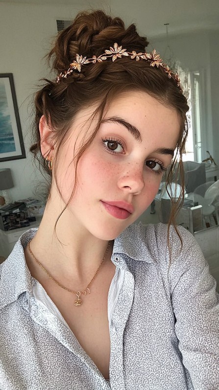 Elegant Messy Bun with Floral Crown