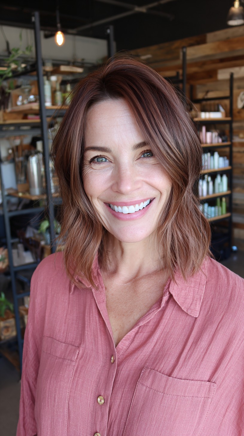 Modern Rose Gold Shaggy Lob with Subtle Layers