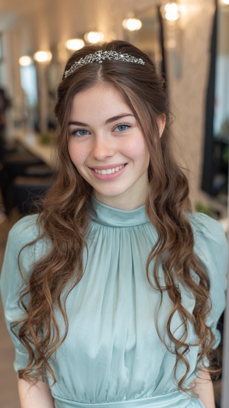 Radiant Long Loose Curls with Crown Accents