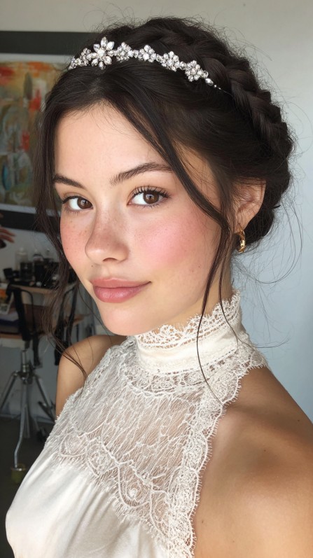 Romantic Braided Updo with Floral Crown Accents