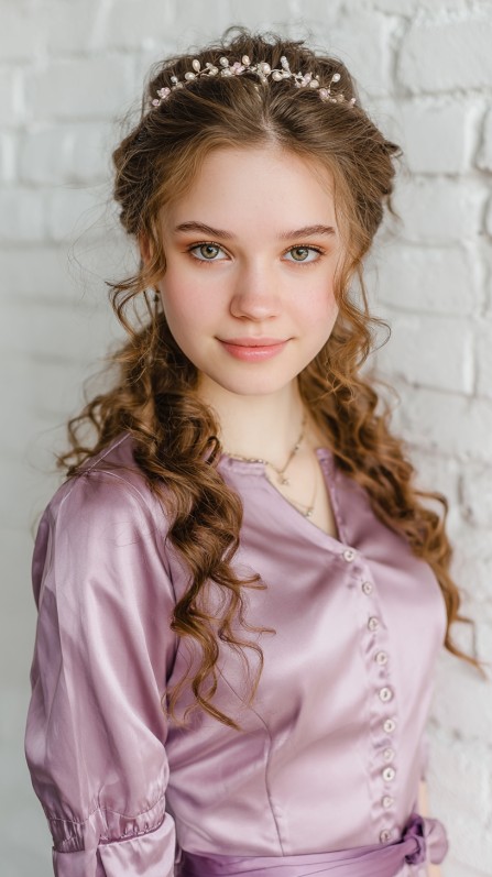 Romantic Long Loose Curls with Floral Crown