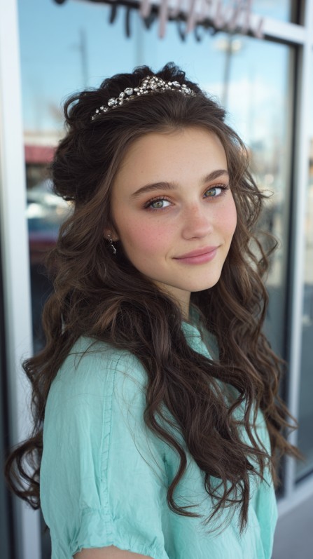 Romantic Loose Curls with Crown Accents