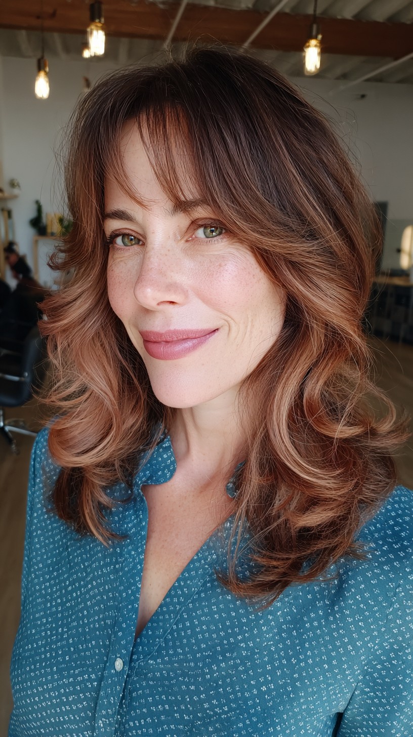 Soft Rose Gold Layers with Face-Framing Bangs