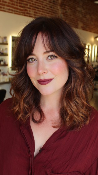 Softly Curled Shoulder-Length Layers with Face-Framing Bangs