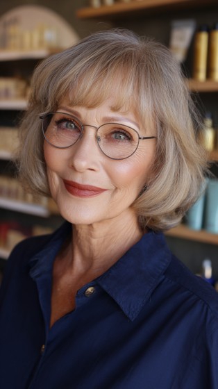 Softly Textured Silver Lob with Gentle Bangs