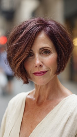 Stylish Rich Burgundy Stacked Bob with Soft Waves