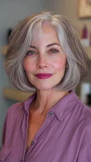 Stylish Silver Layered Bob with Face-Framing Highlights