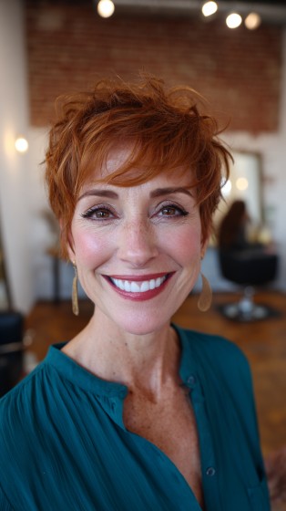 Textured Warm Copper Pixie Cut with Effortless Volume