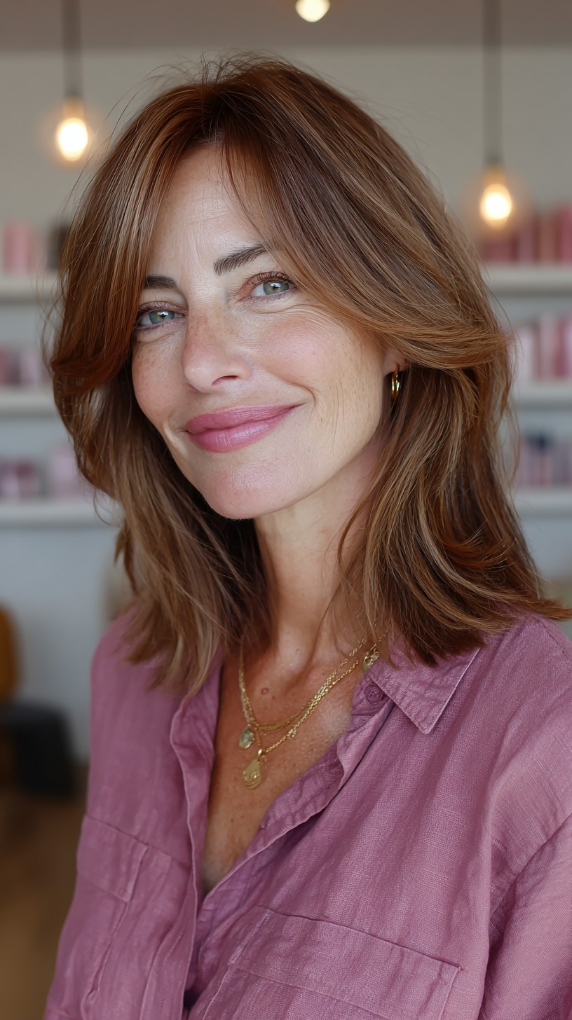 Warm Rose Gold Layered Cut with Soft Waves