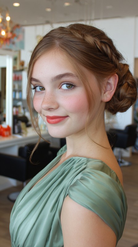 Whimsical Braided Bun with Soft Face-Framing Tendrils