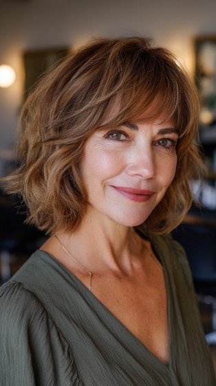 Chic Textured Light Brown Waves with Soft Fringe